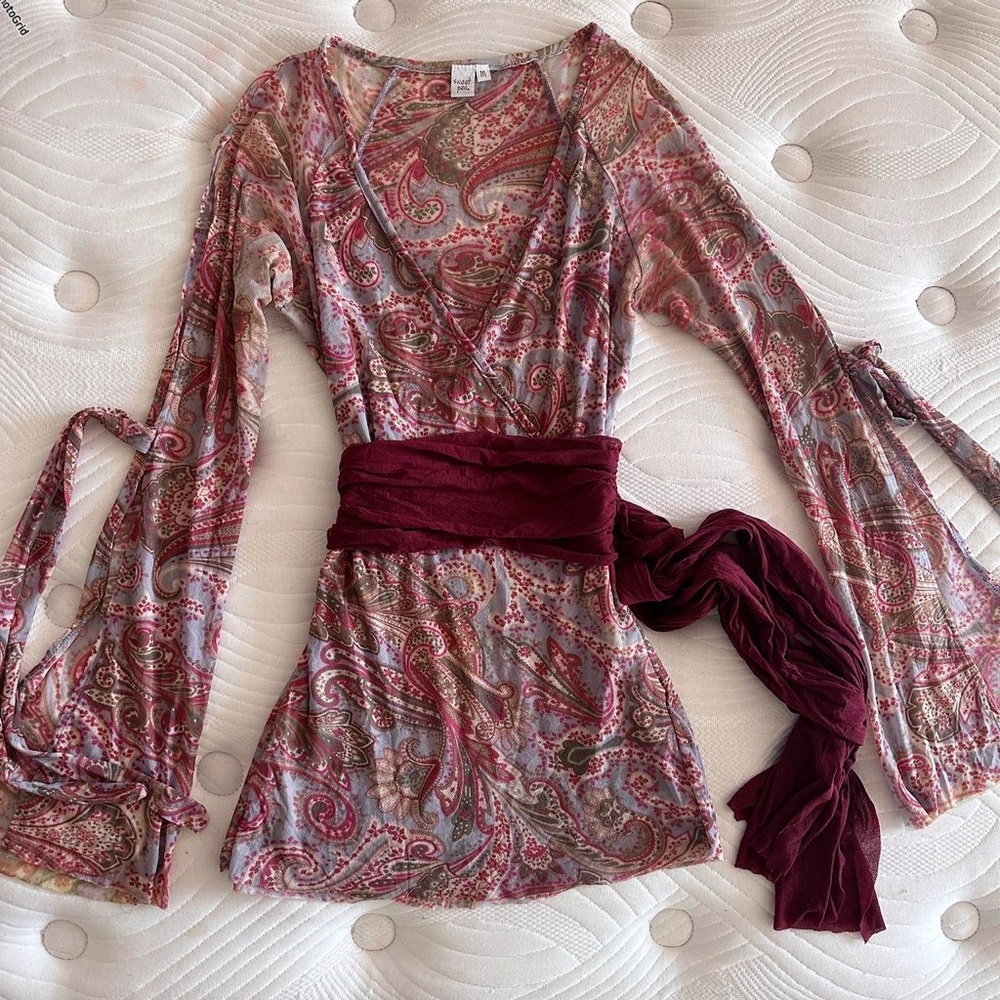 Vintage Boho Paisley Wrap Top with Burgundy Sash